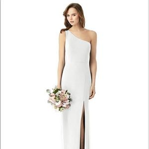 Dessy White One Shoulder Trumpet gown